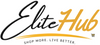 EliteHub logo with 'Elite' in black script and 'Hub' in gold script, underlined by a gold swoosh and the tagline 'SHOP MORE. LIVE BETTER.